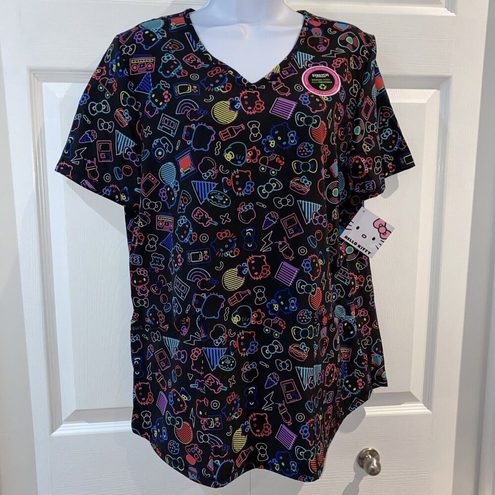 Hello Kitty Ladies Scrub Top Shirt Size Large Black Multicolour Medical Uniform